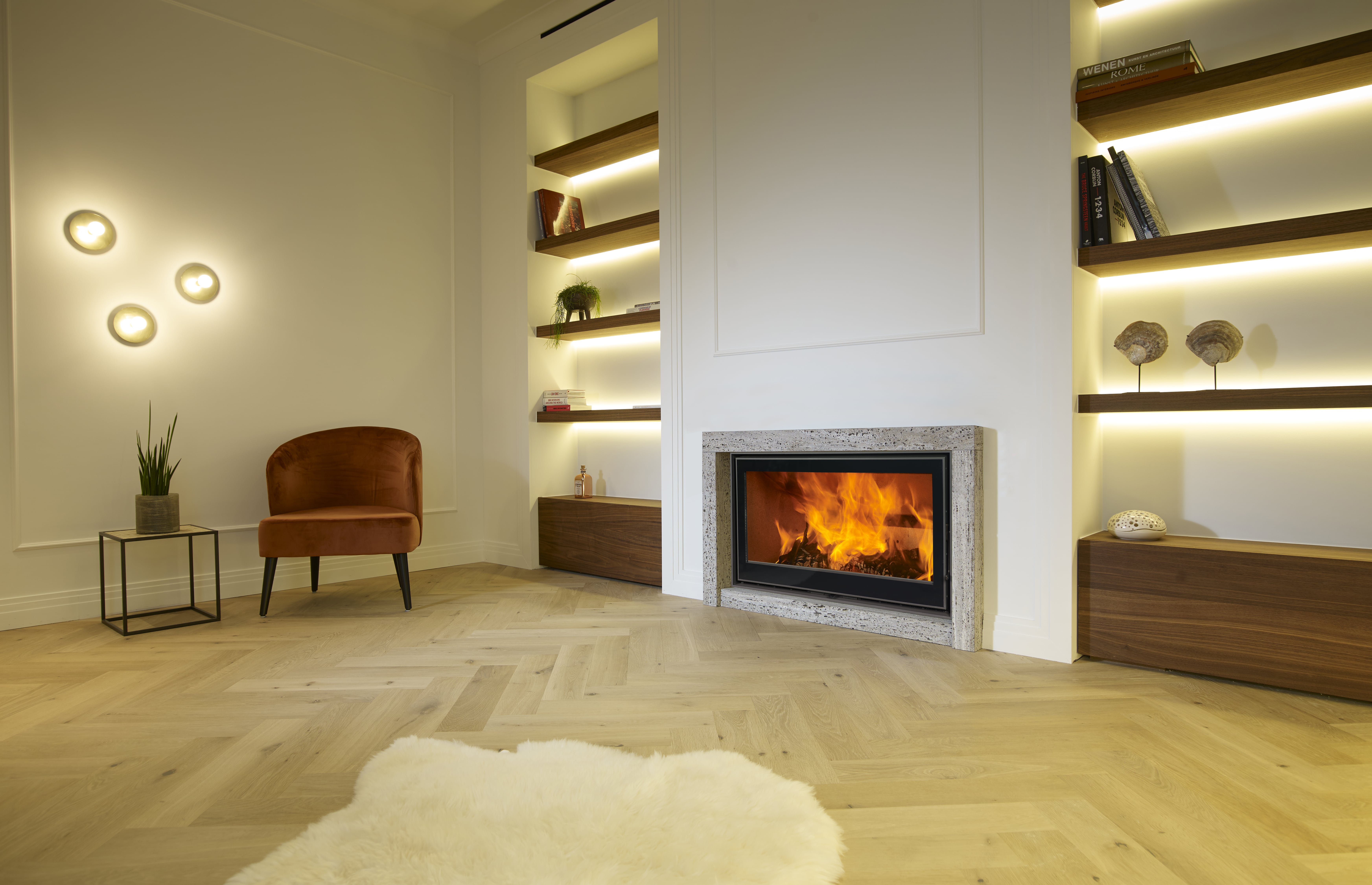 Photo of a wood  built-in fireplace